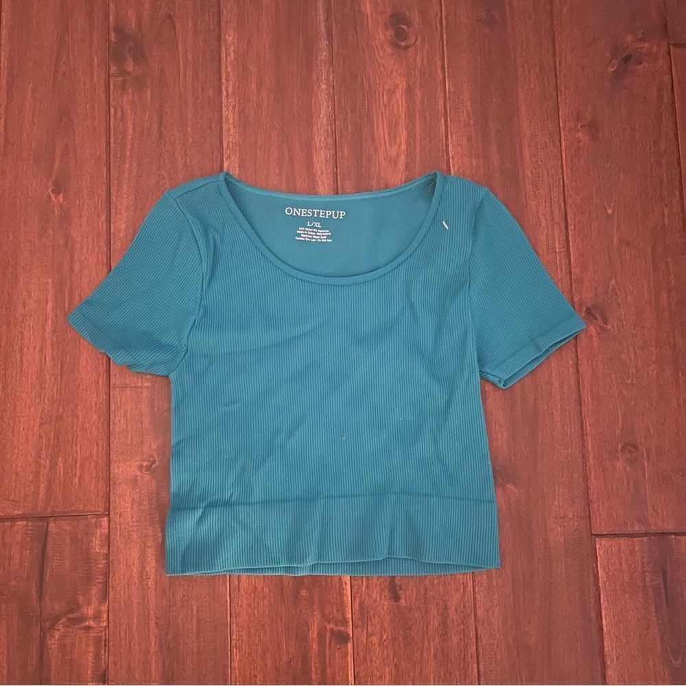 One Step Up Teal Short Sleeve Scoop Neck Ribbed Crop Top Jr. L/XL NWOT